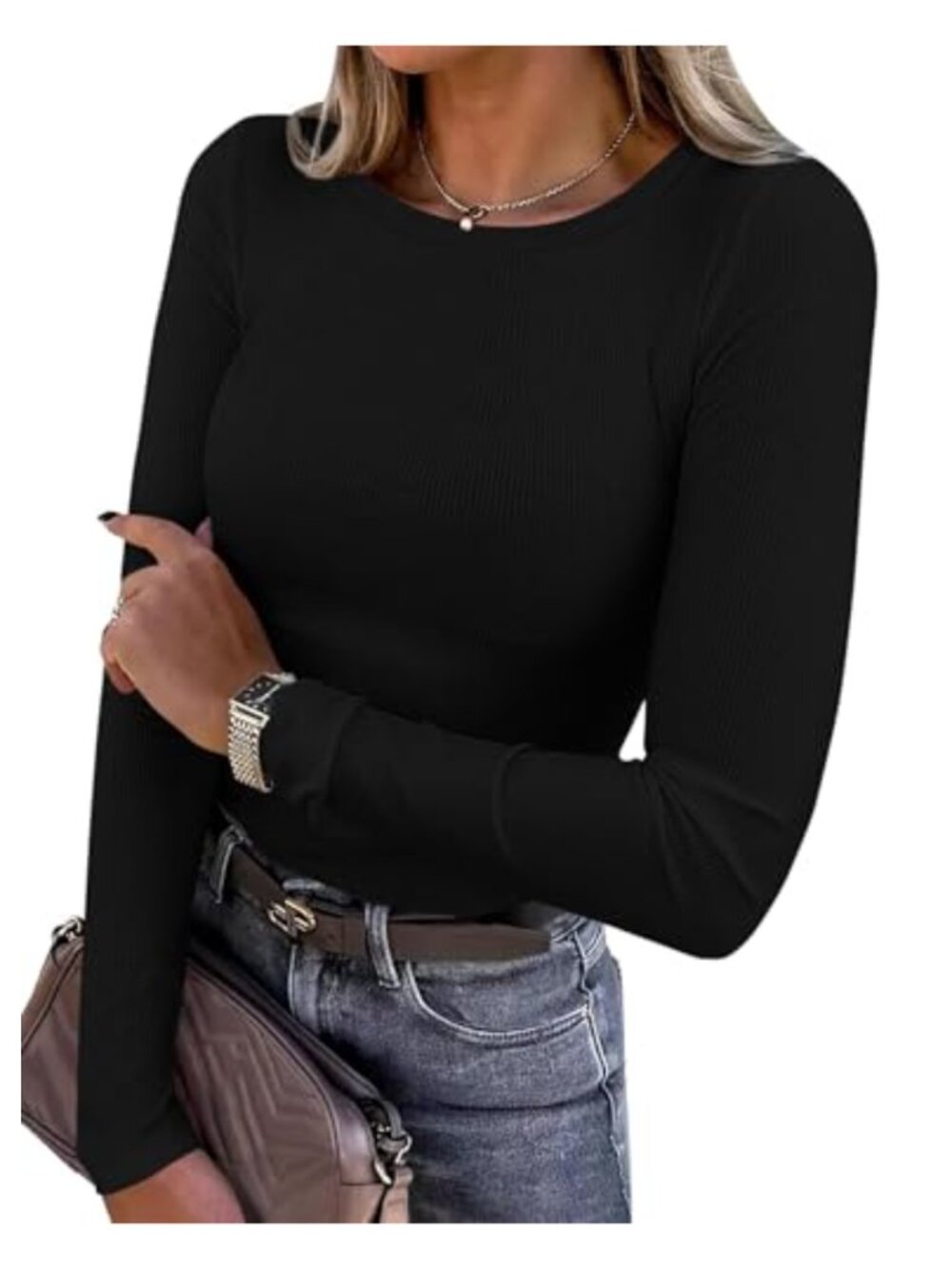 Women's Long Sleeve Ribbed Knit Crew Neck Slim Fit Basic Tee